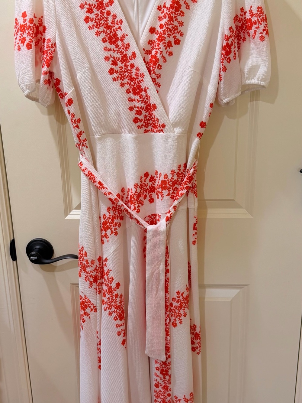 Gabby Skye White Maxi Dress with Coral-Red Floral Print